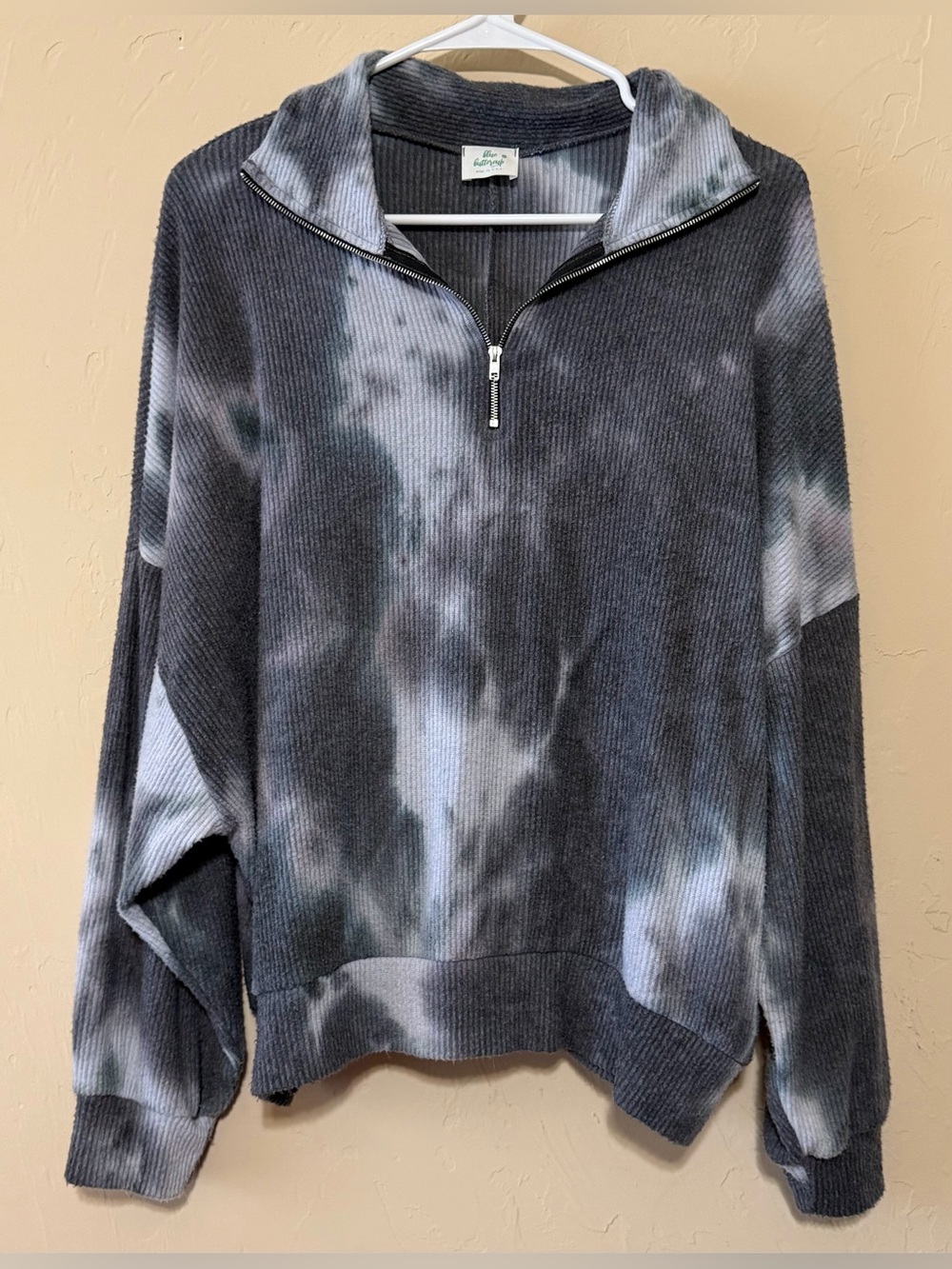 Half-Zip Tie-Dye Ribbed Pullover Sweater - Bluish-Gray